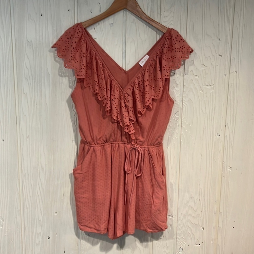 Allie Rose Romper Eyelet Lace Neckline Pockets Size Small